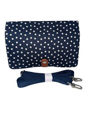 NWT Thirty-One Double Up Crossbody Navy Dancing Dot Adjustable Strap Clutch Bag